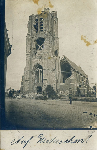 Becelaere church after the Second Battle of Ypres, now well toward the rear of the XXVII. Reservekorps sector