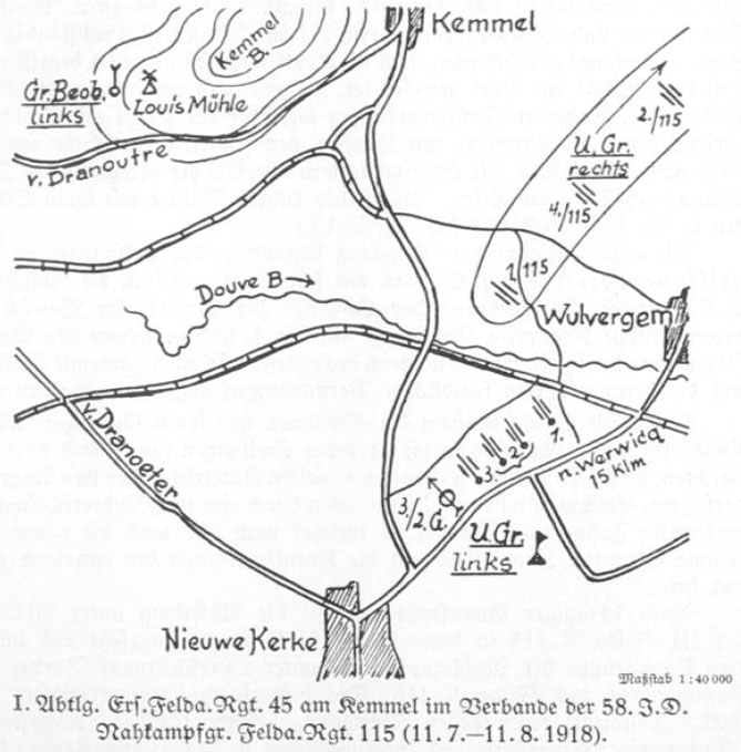 Map from EFAR 45 regimental history showing their attachment to 58.ID in the Kemmel sector 11 July - 11 August 1918