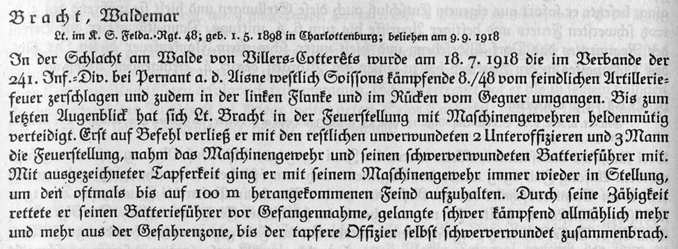 MStHO citation for Leutnant Waldemar Bracht of FAR 48.