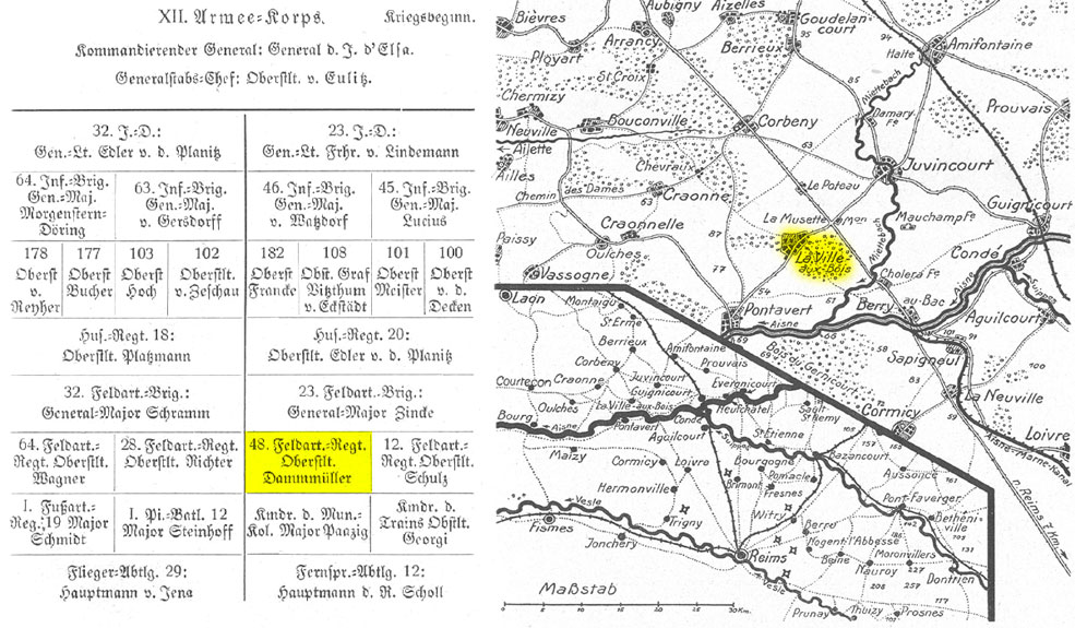Order of battle for XII. Armeekorps at mobilisation and map of their front on the Aisne, both taken from Sachsen in Grosser Zeit (click to open full size image in a new window)
