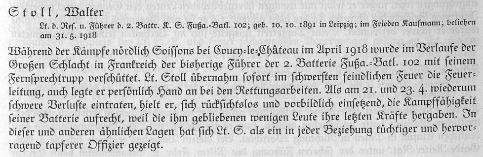 MStHO citation for Leutnant der Reserve Walter Stoll of Fußartillerie-Bataillon 102.