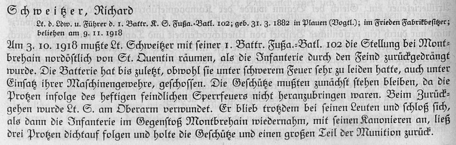 MStHO citation for Leutnant der Landwehr Richard Schweitzer of Fußartillerie-Bataillon 102.