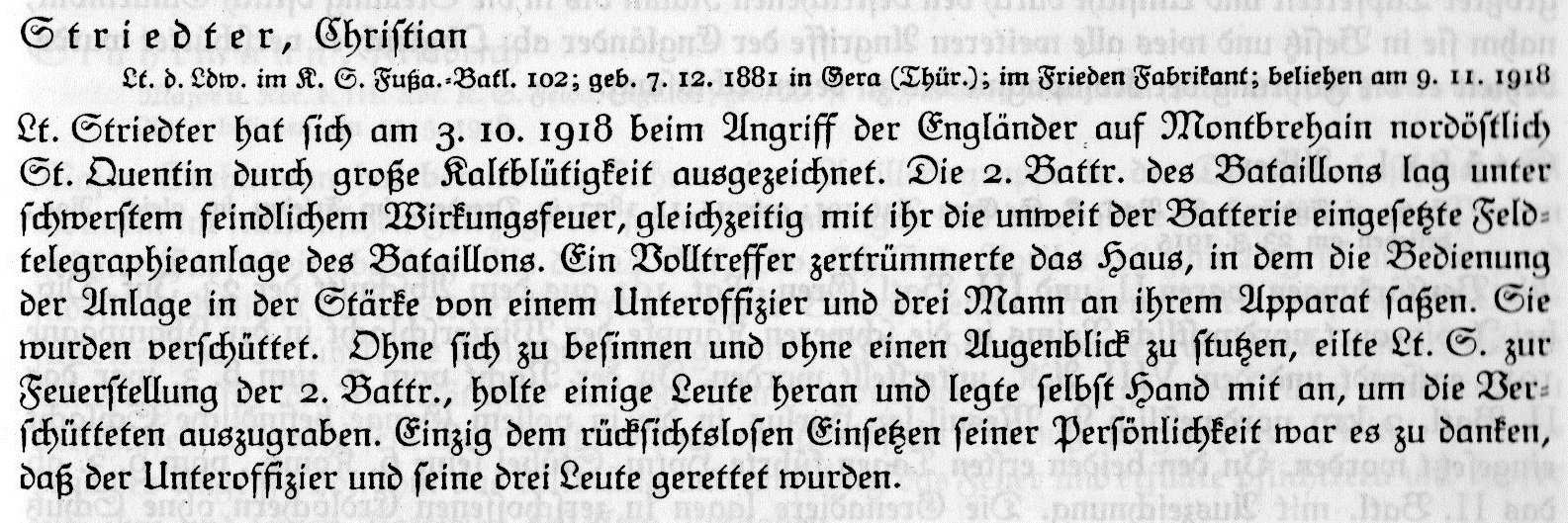 MStHO citation for Leutnant der Landwehr Christian Striedter of Fußartillerie-Bataillon 102.