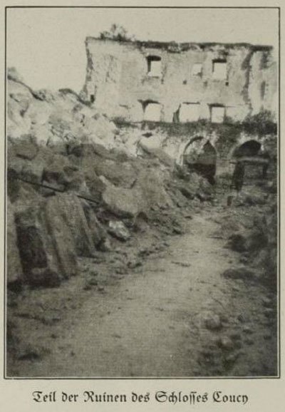 Ruins of the 13th century Château de Coucy after its capture by IR 474 on the evening of 8th April 1918.