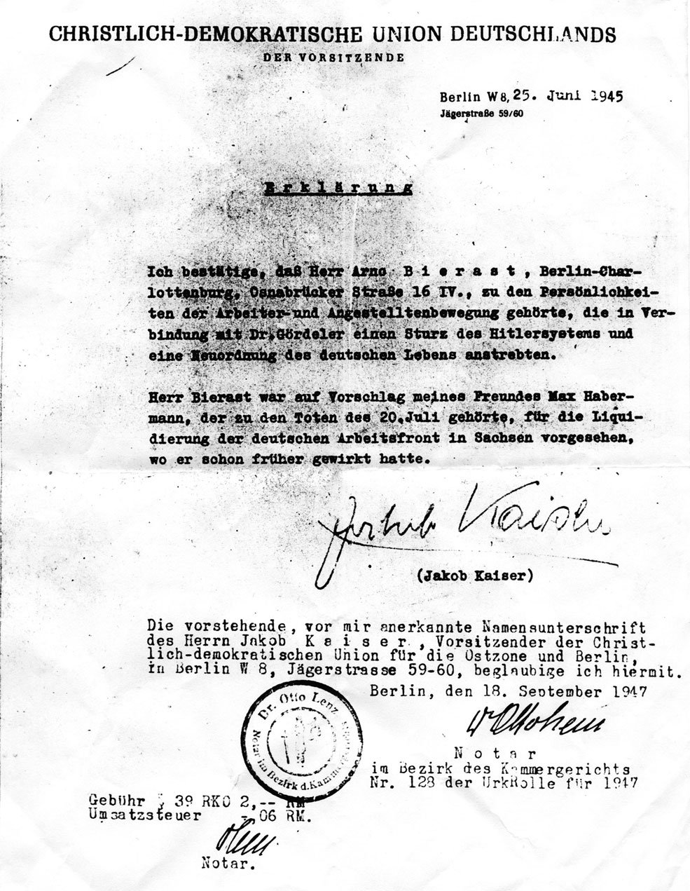 Post-war affidavit from Jakob Kaiser, founder of the CDU.