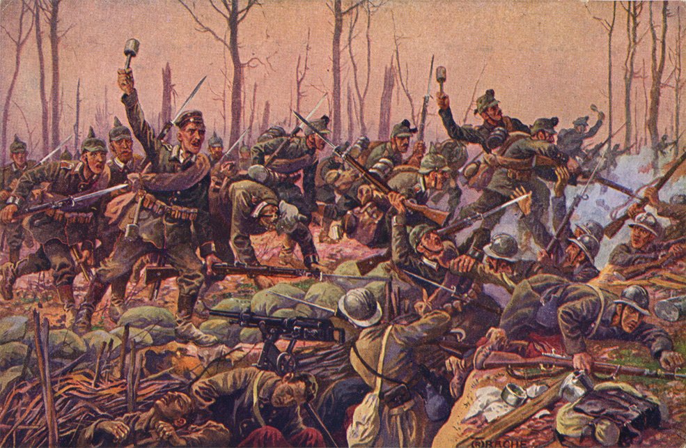 A Saxon newspaper artist’s dramatic depiction of the storming of the 'Berg von La-Ville-aux-Bois' (Bois des Buttes) on 10th March 1916