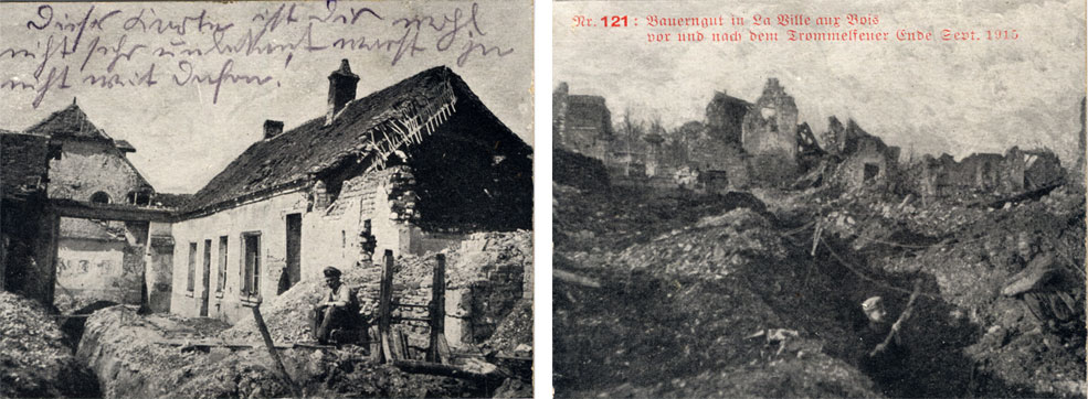 Paired images from a commercial postcard, graphically depicting the state of the village before and after 25th September 1915