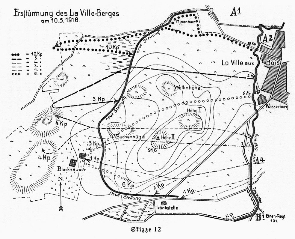 Map from the published history of SR 108 of the storming of the 'Berg von La-Ville-aux-Bois' (Bois des Buttes) on 10th March 1916