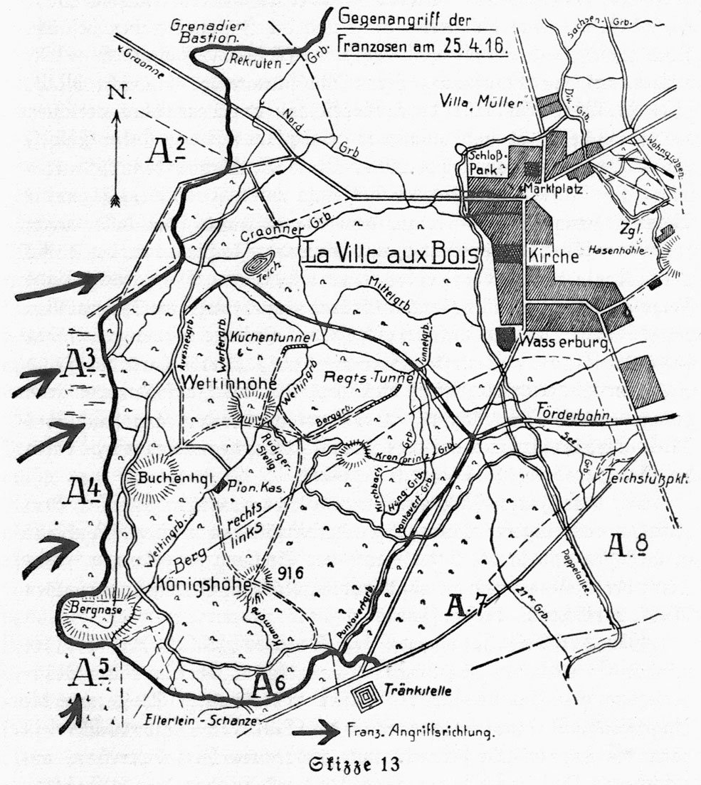 Map from the published history of SR 108 showing the French counterattack on 25th April 1916.