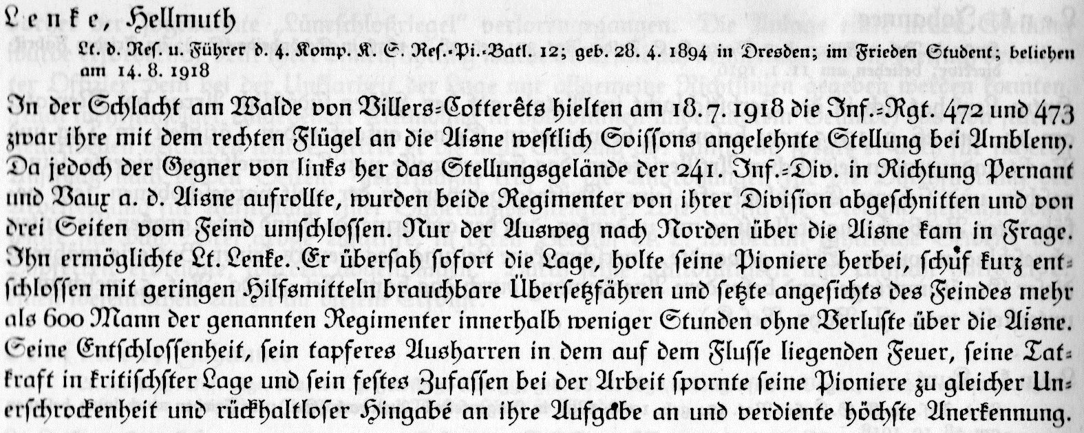 MStHO citation for Leutnant der Reserve Hellmuth Lenke of 4. Reserve-Kompagnie / Pionier-Bataillon 12.