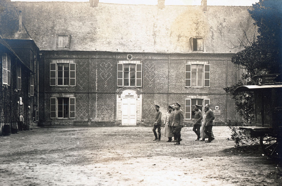 Visit of HRH Prince Friedrich Christian in greatcoat with cane, second from left to Feldlazarett XII.6 in March 1915
